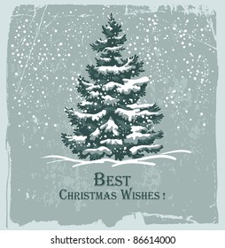 Vintage Christmas card with spruce in the snow