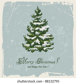 Vintage Christmas card with spruce in the snow