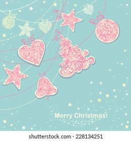 Vintage Christmas card with stylized floral tree and balls. Vector illustration.