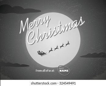 Vintage christmas card template. Classic hollywood movie ending style with santa claus flying with reindeer and full moon. Eps10 vector illustration.