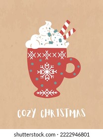 Vintage Christmas card template. Cocoa with marshmallow and the inscription cozy christmas, Vector Illustration