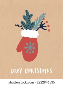 Vintage Christmas card template. Christmas mittens with festive decor and the inscription cozy christmas Vector Illustration