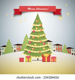 Vintage Christmas card with tree and ornaments, Xmas card 