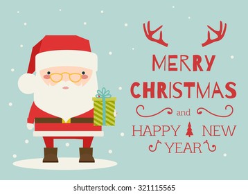 Vintage Christmas Card - Vector EPS10. Flat design, handdrawn font. Santa claus holding gift