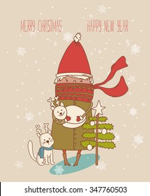Vintage Christmas Card, vector. Greeting Christmas and New Year card
