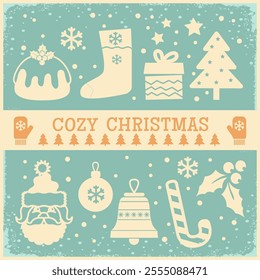 Vintage Christmas card vector illustration. Vector cozy Christmas illustration for winter holiday on old paper texture background. The design includes Santa,  candy canes