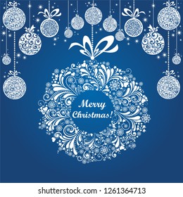 Vintage Christmas card. Winter time. Beautiful greeting card. Celebration blue background with Christmas wreath, Christmas balls and place for your text. Vector Illustration
