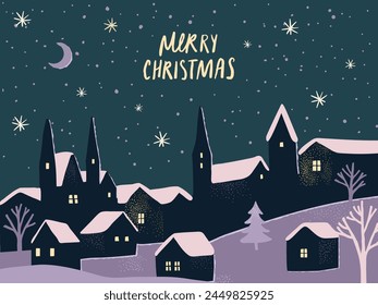 Vintage Christmas card, winter town. Small european houses, church and trees. Falling snow, crescent moon in starry sky. Vector illustration.