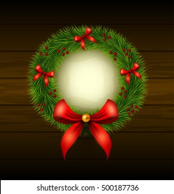 Vintage christmas card with christmas wreath on dark wooden background. Christmas decoration with red bows, holly berries. Greeting card template with place for your text. Vector illustration.