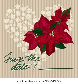Vintage Christmas card with with wreath puansetia. Vector illustration