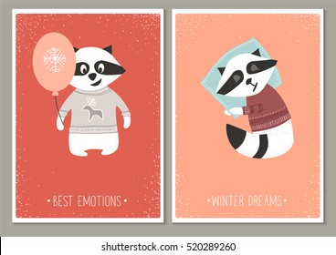 Vintage Christmas cards. Cute smiling raccoon in a sweater with a balloon and a sleeping raccoon. Winter holidays vector illustration.