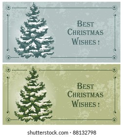 Vintage Christmas cards with spruce in the snow