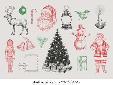 Vintage Christmas Collection. Engraving style illustration with Santa Claus, decor, gifts, snowman etc.