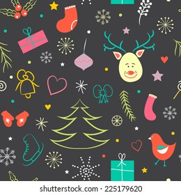 Vintage Christmas colorful seamless pattern of funny characters and elements. Perfect for greeting cards, backgrounds. 
