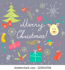 Vintage Christmas colorful set of funny characters and elements. Perfect for greeting cards, backgrounds. 