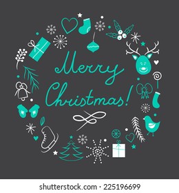 Vintage Christmas colorful set of funny characters and elements arranged a shape of the wreath. Perfect for greeting cards, backgrounds. 