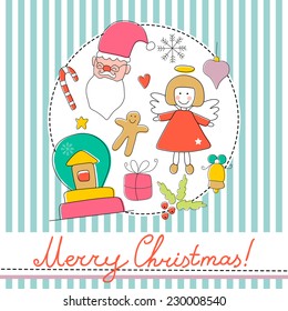 Vintage Christmas colorful set of funny characters and elements on striped background. Perfect for greeting cards, backgrounds. 