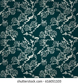Vintage Christmas colors ornamental seamless pattern in japan magnolia flowers style. Vector background. Vivid, graphical design for packing-paper, curtain, web or other purpose. Retro decor.