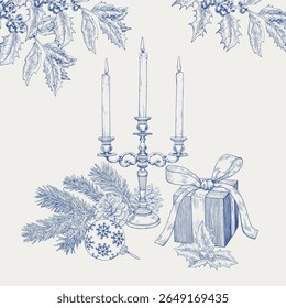 Vintage Christmas composition with candlestick, gift box, ball, fir branch, holly. Blue beige. Hand drawn illustration, graphic elements. Vector background for design holiday decor, greeting card