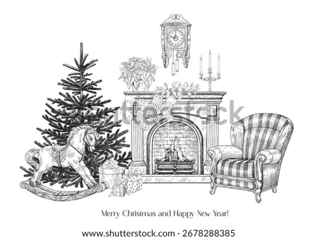 Vintage Christmas composition interior fireplace, armchair, rocking horse, fir-tree, clock, socks, candle, gifts boxes. Black white. Hand drawn Vector illustration, background for design greeting card