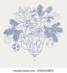 Vintage Christmas composition with lantern, bells, balls, fir branch, holly, mistletoe, poinsettia. Blue,beige. Hand drawn element. Vector illustration for design holiday decor, new year greeting card