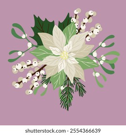 Vintage Christmas composition with white poinsettia, fir branches, mistletoe. Hand drawn vector illustration for design holiday decor, decoration new year, greeting card, winter weddding design decora