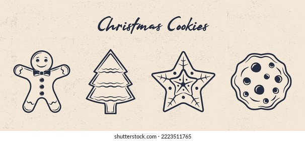 Vintage Christmas cookies set. Christmas cookies icons isolated on white background. Design elements for logo, poster, emblem. Vector illustration