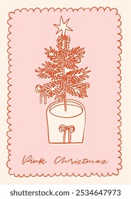 Vintage Christmas coquette card, line art whimsical style. Festive poster design. vintage Christmas tree with stars and bows. Retro holiday concept. Nostalgic Christmas in pink, decorative frame