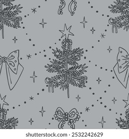 Vintage Christmas coquette seamless pattern line art whimsical style. Festive design  Christmas trees with stars and bows. Retro holiday wrapping paper. Nostalgic Christmas, traditional elements