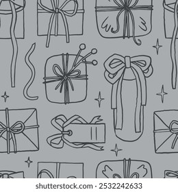 Vintage Christmas coquette seamless pattern line art whimsical style. Retro holiday wrapping paper design. Various gift boxes, ribbons, tags. Collection of new year presents, Birthday, winter party