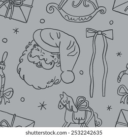 Vintage Christmas coquette seamless pattern line art whimsical style. Retro holiday wrapping paper design. Santa Claus, gift, letter, rocking horse, traditional elements, light blue background. Vector