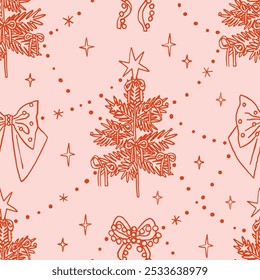 Vintage Christmas coquette seamless pattern line art whimsical style. Festive design  Christmas trees with stars and bows. Retro holiday wrapping paper. Nostalgic Christmas, traditional elements