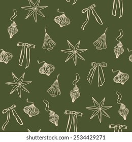 Vintage Christmas coquette seamless pattern line art whimsical style. Holiday wrapping paper design. Various gift boxes, ribbons, tags. Collection of new year presents, Birthday, winter party