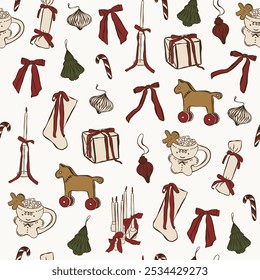 Vintage Christmas coquette seamless pattern line art whimsical style. Holiday wrapping paper design. Various gift boxes, ribbons, tags. Collection of new year presents, Birthday, winter party