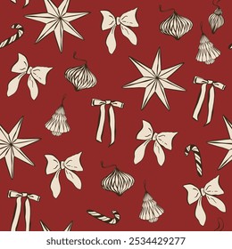 Vintage Christmas coquette seamless pattern line art whimsical style. Holiday wrapping paper design. Various gift boxes, ribbons, tags. Collection of new year presents, Birthday, winter party