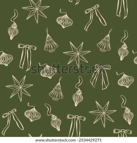 Vintage Christmas coquette seamless pattern line art whimsical style. Holiday wrapping paper design. Various gift boxes, ribbons, tags. Collection of new year presents, Birthday, winter party