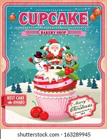 Vintage Christmas cupcake poster design with Santa Claus, elf & snowman