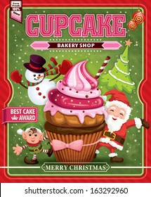 Vintage Christmas cupcake poster design with Santa Claus, elf & snowman