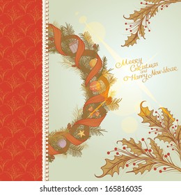 Vintage Christmas Decor: Background with Fir Wreaths and Mistletoe