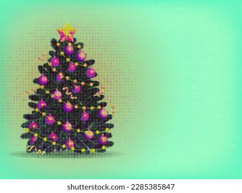 Vintage Christmas decorated Christmas tree. Vector illustration.