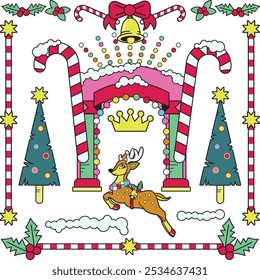 Vintage Christmas decoration with candy canes, a deer, bells and Christmas branch with red berries
