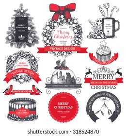 Vintage Christmas decoration collection with hand drawn elements. Vector ribbons, stickers, garland, frames, labels. Hand sketched illustration for Christmas and new year.