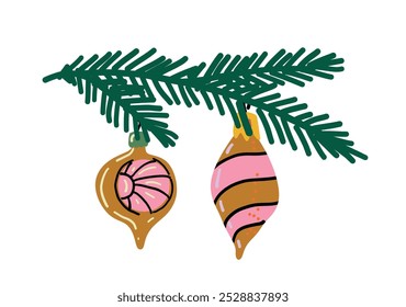 Vintage Christmas decoration. Fir branch with hanging Christmas baubles. Naive art illustration.