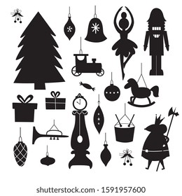 Vintage Christmas decoration and ornament black silhouette set isolated on white background - outline shapes of holiday tree, baubles and fairytale characters, vector illustration