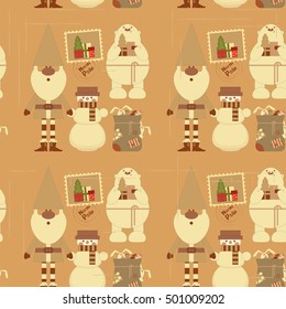 Vintage Christmas Decoration Seamless Pattern with Santa Claus and Polar Bear in Retro Style. Vector Illustration.