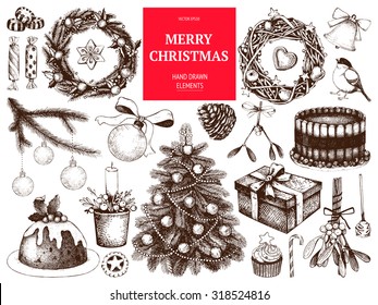 Vintage Christmas decoration set.  Vector holiday ink hand drawn elements collection. Hand sketched Christmas and New Year illustration isolated on white