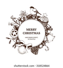 Vintage Christmas decoration.  Vector holiday invitation or greeting card  design with ink hand drawn elements. Hand sketched Christmas and New Year illustration.
