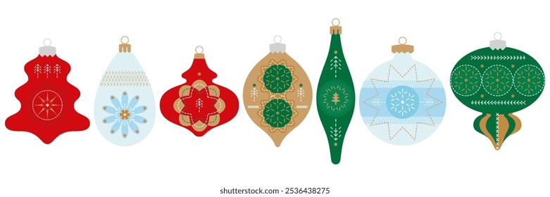 Vintage Christmas Decorations. Baubles, Stars, Retro Ornaments. Elements Isolated On A White Background. Vector Illustration.