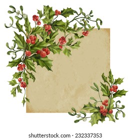 Vintage Christmas decorative corner with holly berry and mistletoe. Vector illustration background 