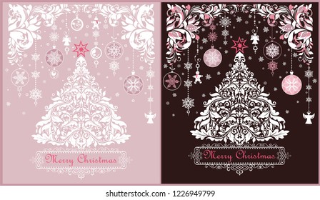 Vintage Christmas decorative greeting cards variation with paper cutting xmas floral white tree, floral adornment and hanging decoration with snowflakes, gingerbread and angels
